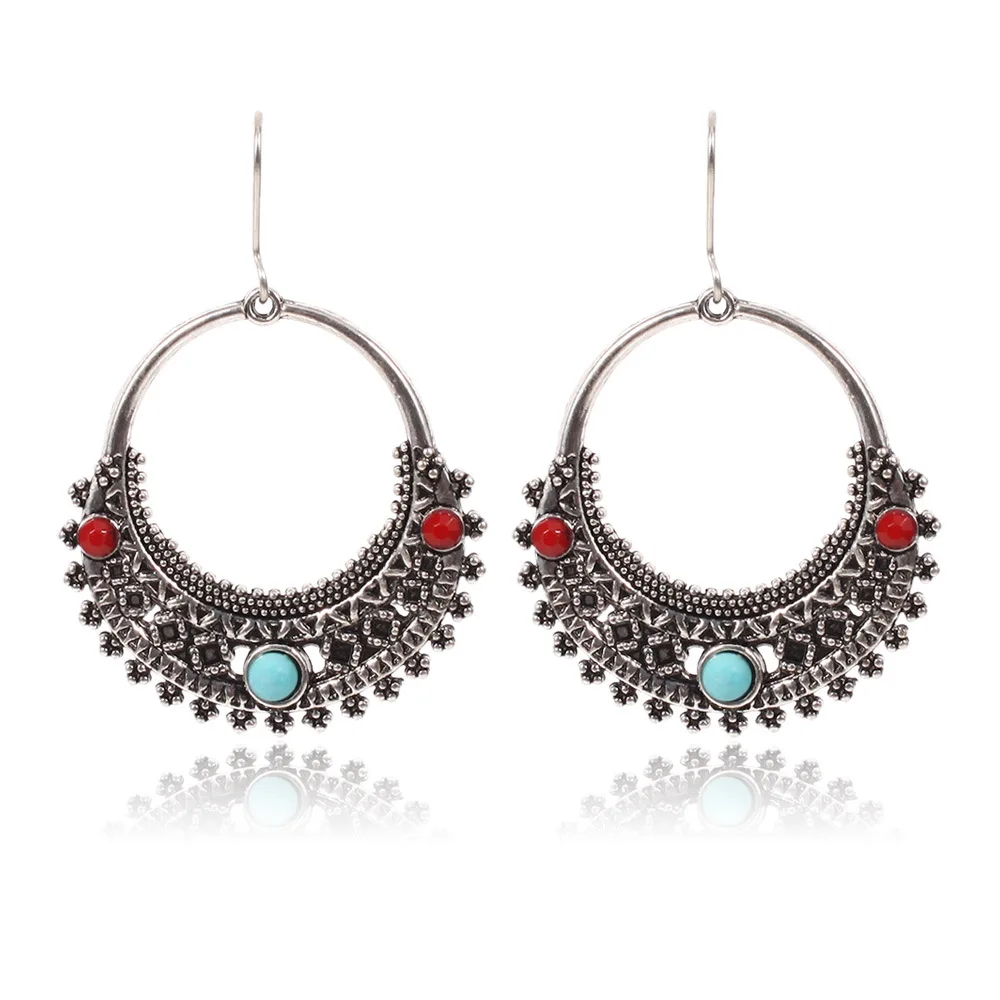 HC Vintage Silver Color Round Drop Statement Earrings Women Bohemian