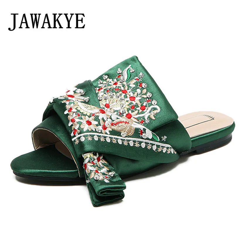 

JAWAKYE Green Embroider Satin Flat Slipper Sandals For Women Big Butterfly knot ladies Summer Slid Embroidered Flat Shoes Women