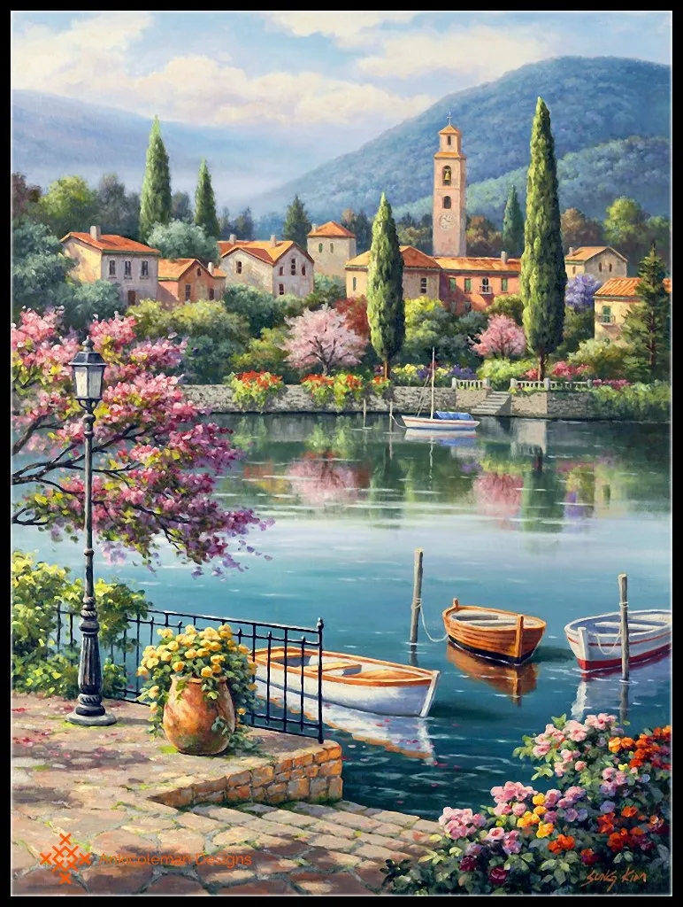 

Embroidery Counted Cross Stitch Kits Needlework - Crafts 14 ct DMC DIY Arts Handmade Decor - Village Lake Afternoon