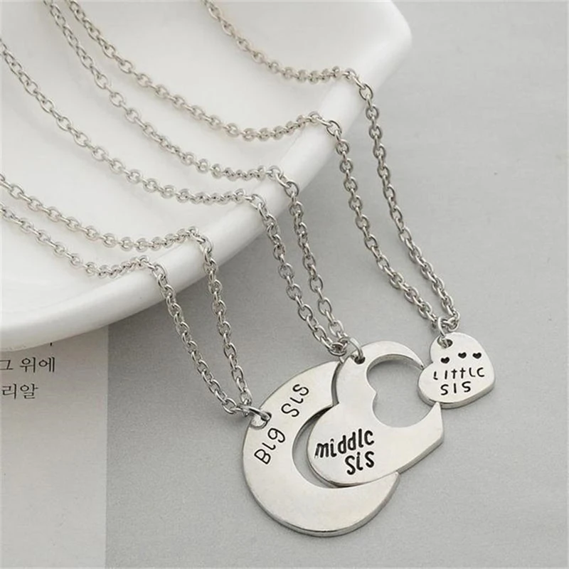 

Fashion Charm New Style Jewelry Little Middle Big Sister Pendant Three Piece Love Heart Necklace Best Friends Forever Necklace