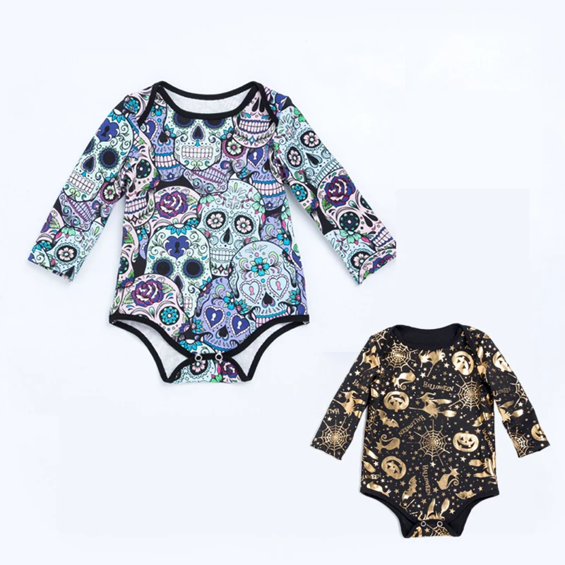 

Wholesale Halloween Baby Clothes 0-2 Yrs Infant Bebe Long Sleeve Romper Graffiti Skull Jumpsuit Gold Pumpkin Newborn Costumes