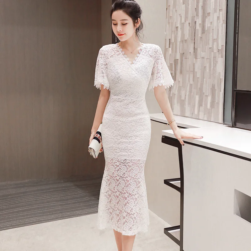 

Autumn Black White Mermaid Dresses V Neck Half Flare Sleeve Dress Women Office Bodycon Sexy Party Long Dresses Ladies Vestidos