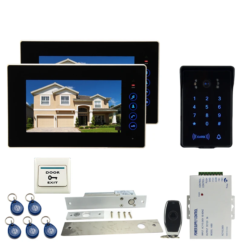 Special Offers JEX 7 inch LCD Video Door Phone doorbell Intercom system Kit 2 Black Monitor + 700TVL Waterproof Password Keypad RFID Camera