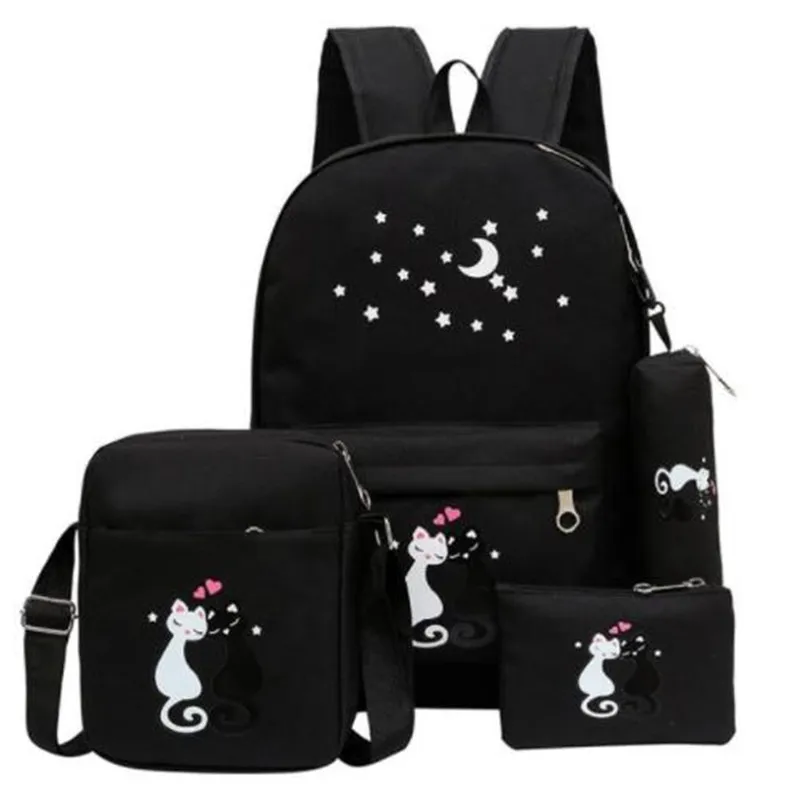 4 шт./компл. женский рюкзак с принтом кота, холщовые школьные сумки для девочек-подростков, рюкзак в стиле преппи, Очаровательная записная