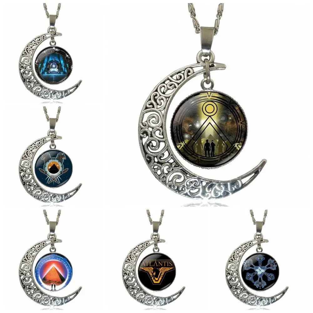 

For Child Stargate Portal Atlantis Jewelry With Silver Plated Glass Cabochon Crescent Moon Choker Long Pendant Necklace