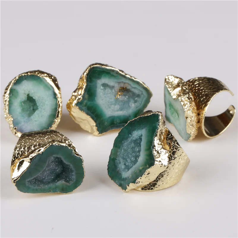 

big gold rim vintage retro green dark green geode crystal stone slice bead charm adjust open hammered ring cuff for woman man