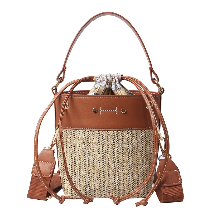 Trendy Straw Bucket Bag Drawstring Wide Shoulder Strap Handbag for Women | Багаж и сумки