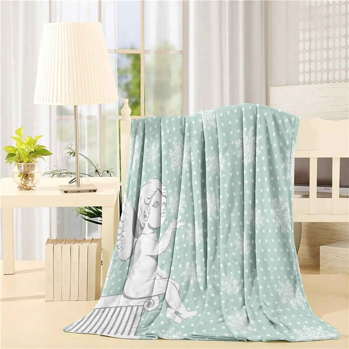 Blanket Baby Angel Boy Snowflakes Light Green Print Modern Home Art Prints Fleece Blanket Sheet