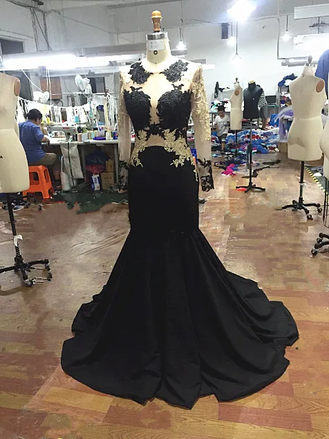 Черные вечерние платья, кружевное платье Русалка для выпускного вечера с рукавами, вечерние длинные платья для вечеринки, атласное платье Vestido Festa - Цвет: Черный