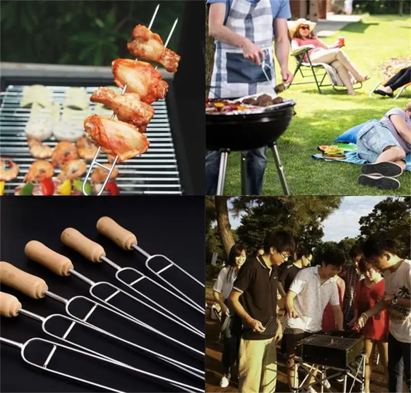 6pcs Stainless Steel BBQ Fork Needle Wooden Handle Row U BBQ Roast Barbecue Skewers Picnic Camping Tools Accessories