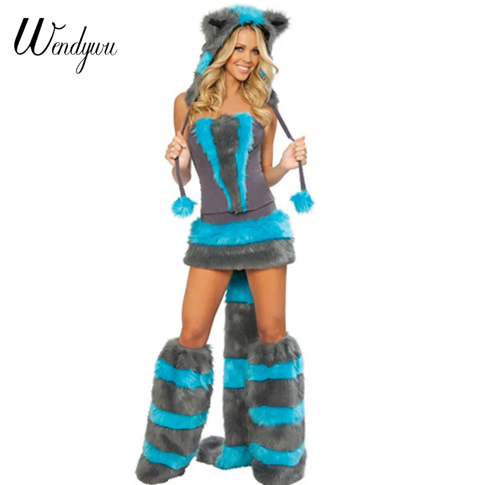 Wendywu Sexy Winter Cheshire Cat Cosplay Blue Gray Corset Skirt Women Animal Costumes Gloves