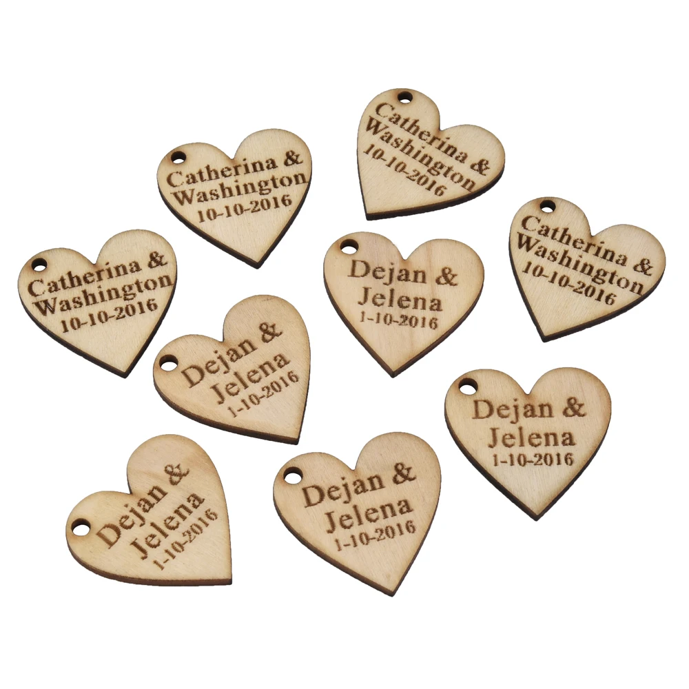 50 Pieces Personalized Engraved Wood Hangs Love Heart Centerpieces Wedding Table Decoration Favors Candy Tags