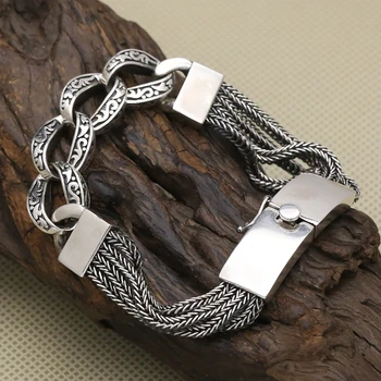 

Vintage Solid Sterling Silver 925 Multi Strand Weave Bracelet Men Women Thick Link Band Handmade Antique Silver 925 Jewelry Gift