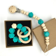 Turquoise Silicone Beads Teether Wooden Baby Teether Ring Infant Teether BPA Free Wood Pacifier Clip Organic Wood Montessori Toy