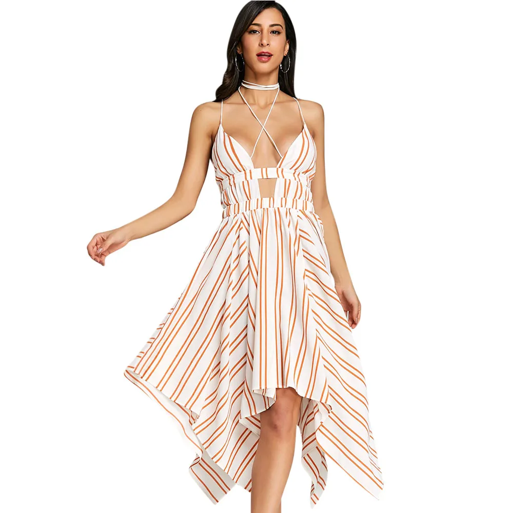 

ZAFUL Criss Cross Asymmetric Striped Dress Summer 2018 Handkerchief Strappy Sun Dress Women Backless Low Cut Robe Femme