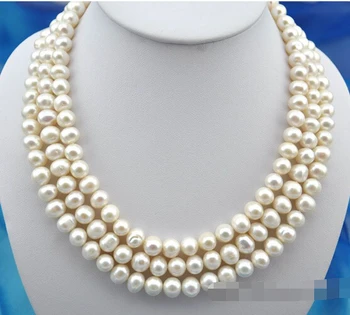 

FREE SHIPPING>>>3row 17-19" 10mm round white freshwater pearl necklace