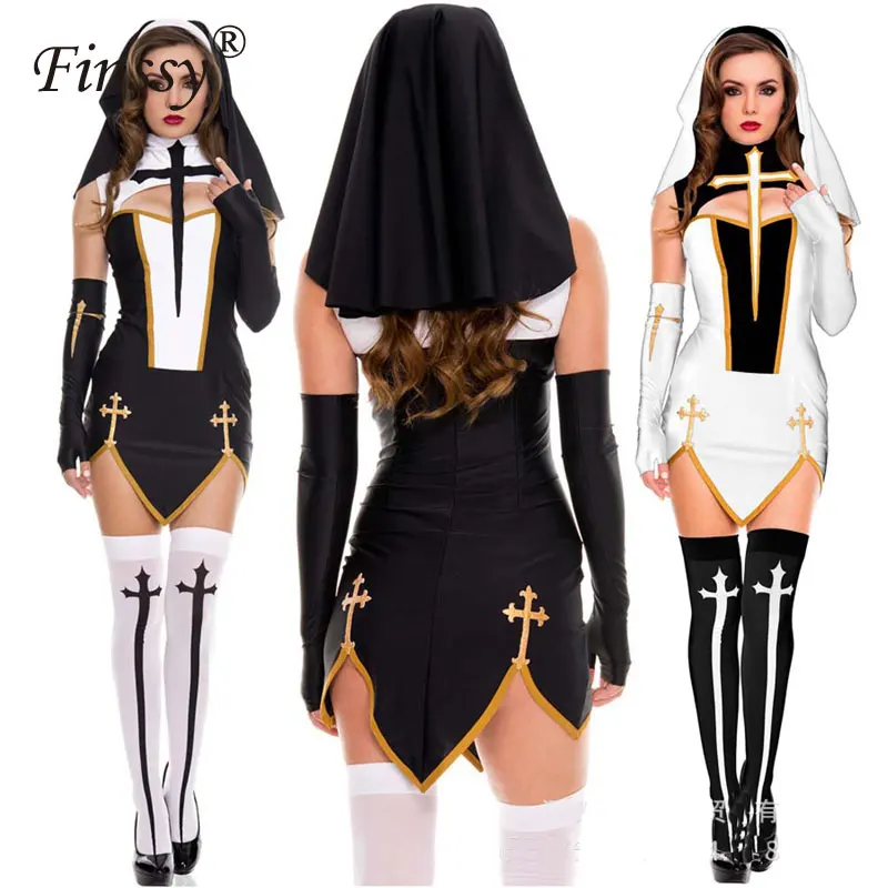 

Easter Sexy Nun Costume Adult Women Halloween Party Cosplay Dress Fancy Girl Sister Party With Stockings Gloves Hoodie