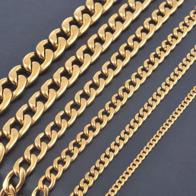 Width 3mm/4.5mm/6mm/7.5mm/9.5mm/11.5mm Stainless Steel Gold Color Chain ...