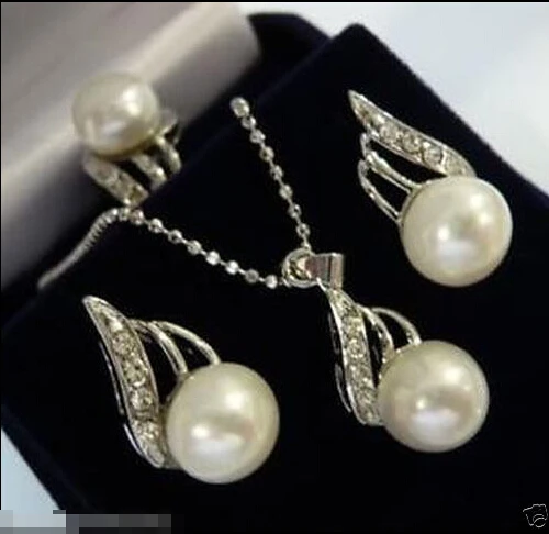 

X67 Charming white pearl pendant necklace earring ring set
