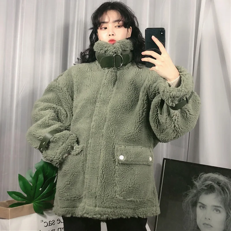 Manches D'hiver Lâche Beige Hiver Harajuku Casual Fourrure Veste Manteau Longues D'agneau army Femmes Plus Green Taille kaki Chaud Femelle La Épaisse 5qZXwt