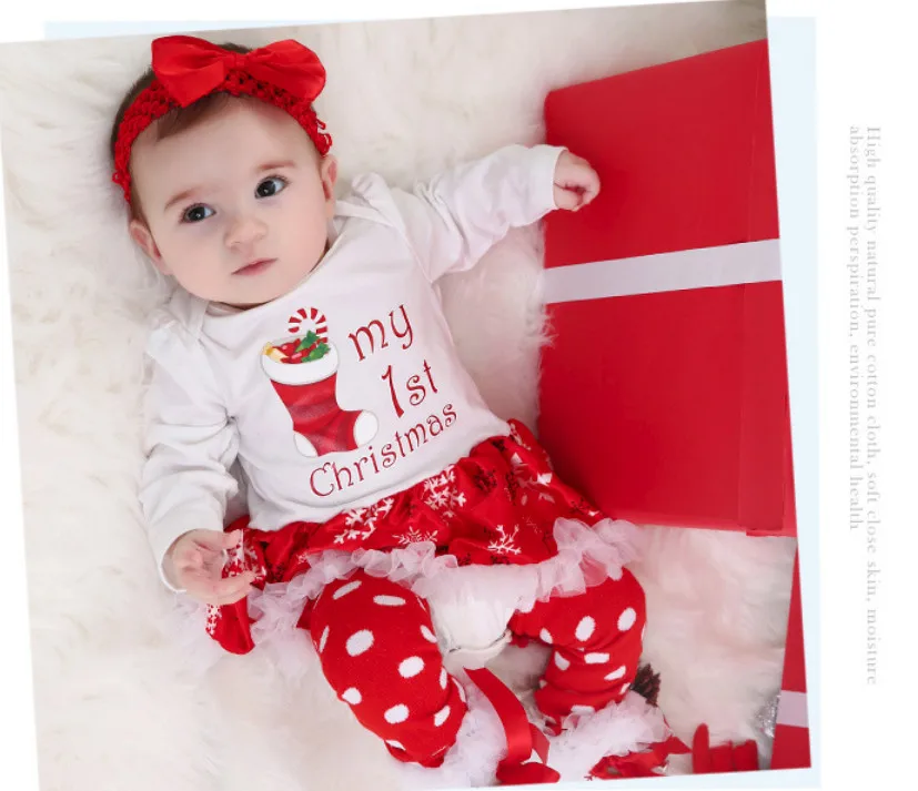 Meu Primeiro Natal Conjuntos de Roupas para Meninas Bonitos do Bebê de Algodão Recém-nascidos Romper Ruffle Tutu Vestidos 4 Peças de Conjuntos de Roupas Infantis Presentes 3 plissado tutu vestidos 4 peça conjuntos de roupas infantis presentes
