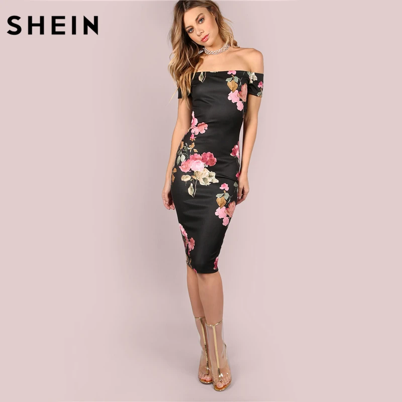 

SHEIN Sexy Party Dresses Bodycon Off Shoulder Dress Black Bardot Neckline Floral Bodycon Knee Length Elegant Dress