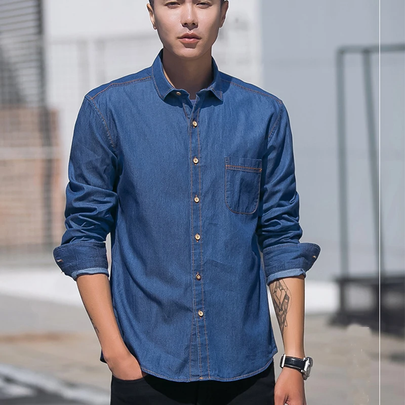 

2019 New pure cotton denim shirt men Japanese cowboy men's shirt 100% cotton slim casual shirt men's workwear