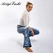Aisiyipushi, американские синие женские джинсы с расклешенным низом, с вышивкой, с цветочным рисунком, пуш-ап, джинсовые штаны для женщин, джинсы, расклешенные джинсы, 4XL