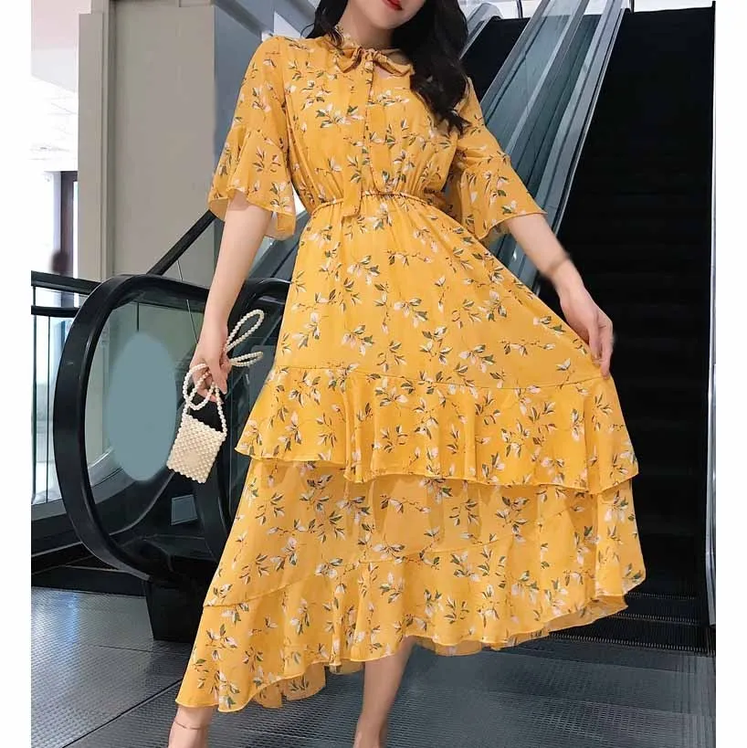 

Summer Women Chiffon Dress Bow Collar Short Sleeve Midi Dress Floral Print Layers A-line Party Dresses Vestidos