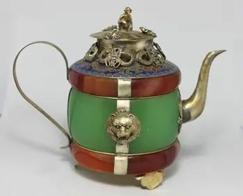 

Handwork Silver Red And Green Jade Monkey lid Carved Mascot Lion Tibet Teapot