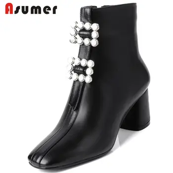 

ASUMER SIZE 33-43 2020 HOT fashion metal decoration genuine leather boots zipper square toe ankle boots women autumn boots