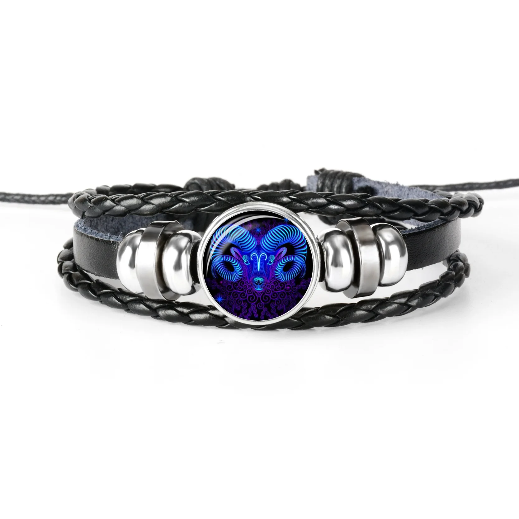 12 Constellation Zodiac Sign Black Braided Leather Bracelet Cancer Leo Virgo Libra Woven Glass Dome Jewelry Punk Men Bracelet - Окраска металла: XZS005-1