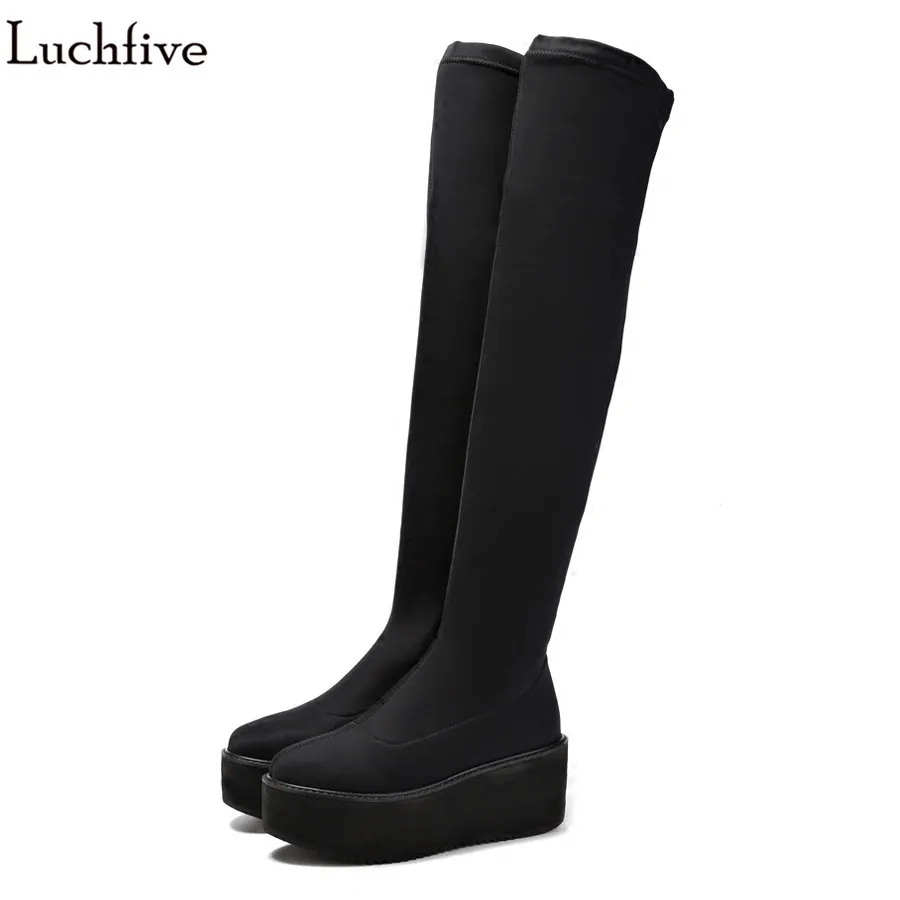 

Fall New Designer Stretch Suede Over The Knee Boots Womens platform wedge heels elastic winter Thigh High Boots bota feminina