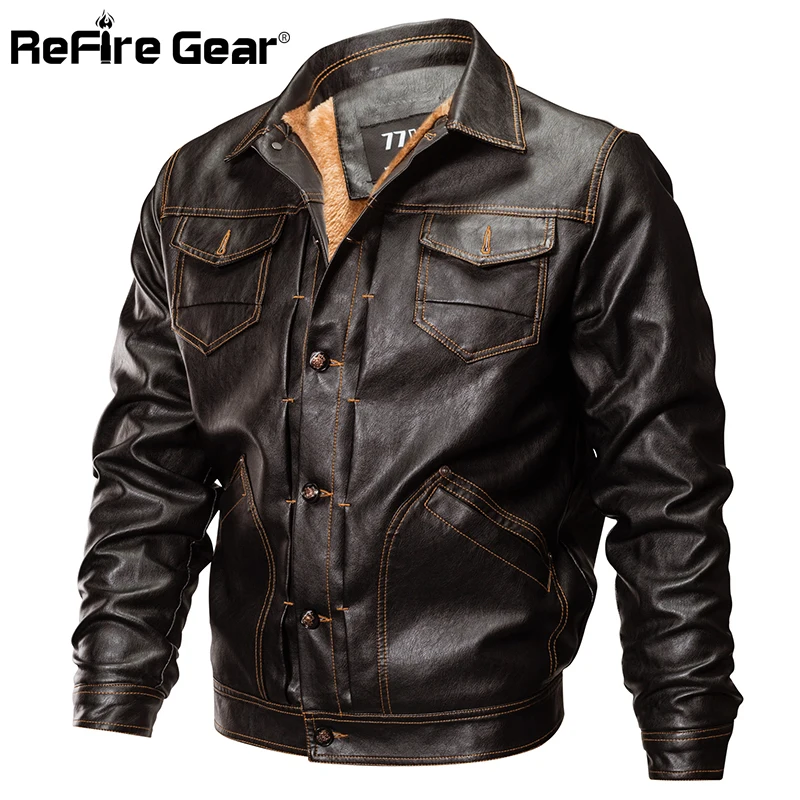 

ReFire Gear Winter PU Leather Jacket Men Tactical Army Bomber Jacket Warm Military Pilot Coat Thick Wool Liner Motorcycle Jacket