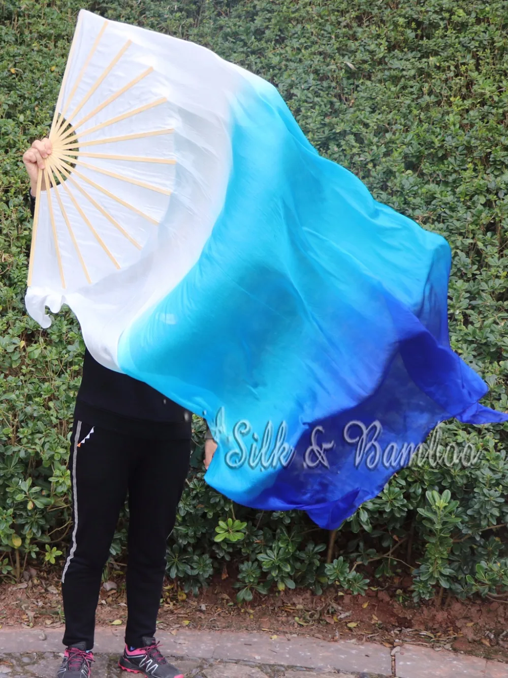 

White-turquoise-blue, 1 PIECE right hand 1.8m*1.14m belly dance silk fan veil, real flowy silk