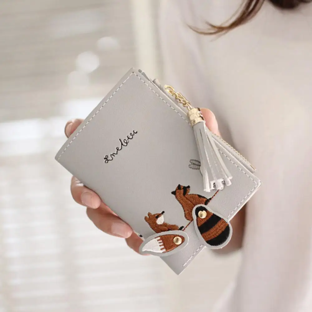 PinShang Short Wallet PU Leather Wallets Embroidery Animal Pattern Purse Coin Purse Zipper Bag Card Holders zk30