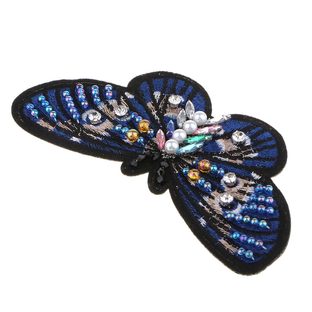 Crystal Pearl Beaded Patches Butterfly Style Clothes Embellishments Embroidery Applique Decorations for Repair/Design