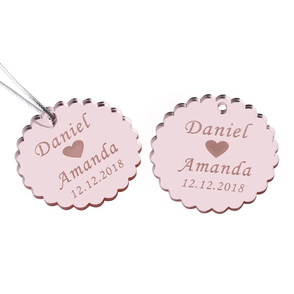 50Pcs Personalized Engraved Round Mirror Tags Wedding Rose Gold Baptism Tag Baby Shower Gift Favor Sculpture Party Gifts Decor - Цвет: Style12