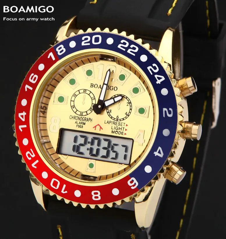 Мужские часы от роскошного бренда BOAMIGO, военные армейские спортивные часы, двойные кварцевые цифровые часы с резиновым ремешком, наручные часы F503