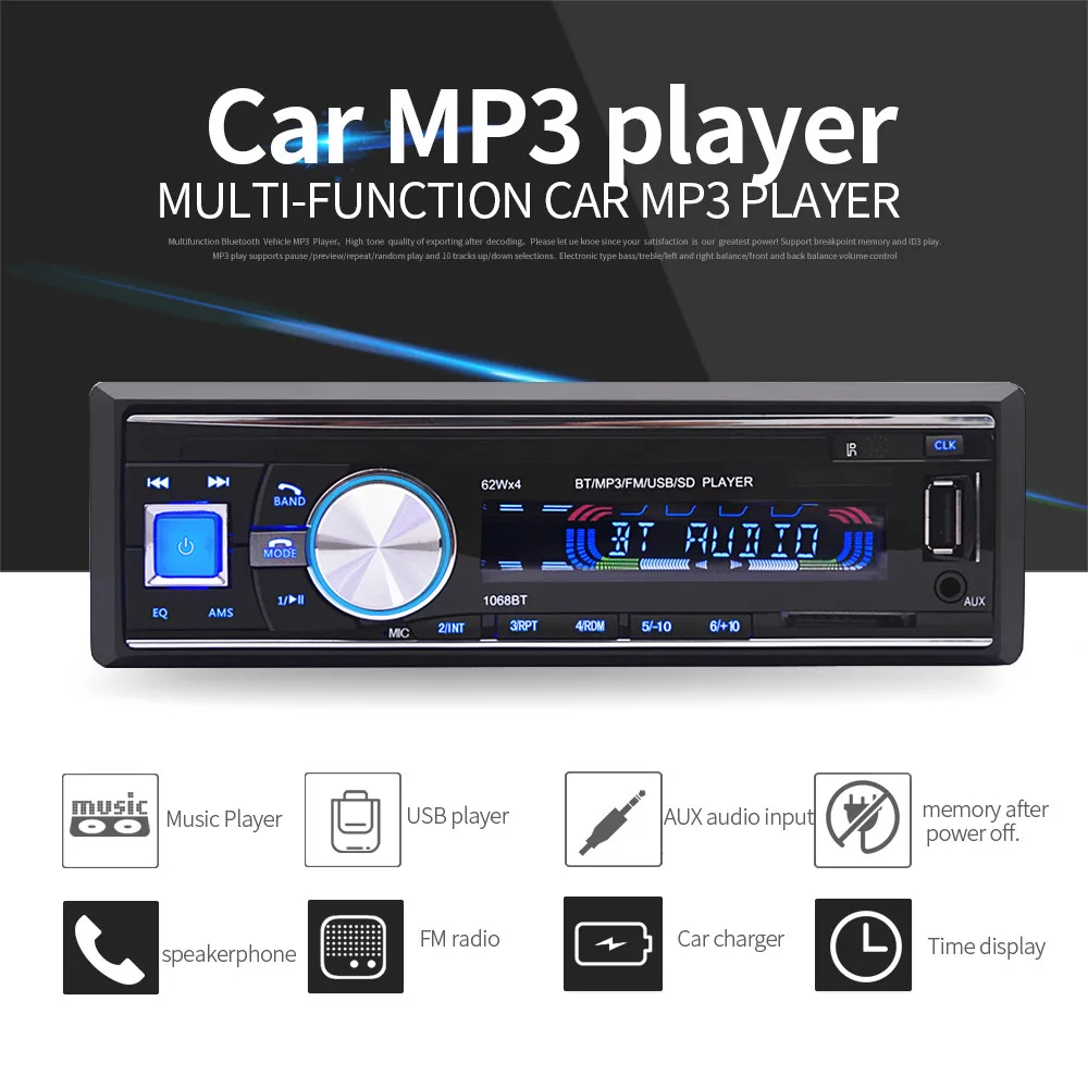 1 din автомобильный Радио BT 1068 стерео bluetooth беспроводной аудио mp3 рекордер usb sd aux