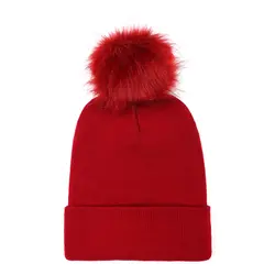 Осень-зима Для женщин меховым помпоном Шапки шерсть вязаная теплая шапочки Hat леди модные однотонные с помпоном Лыжные шапки