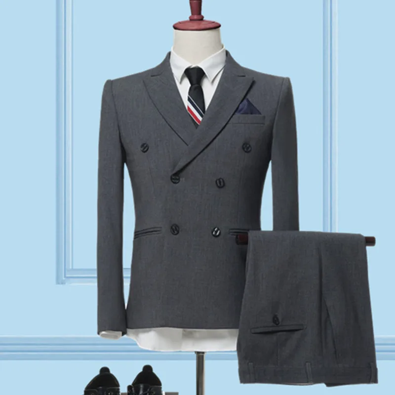 Блейзеры+ брюки/ модные новые мужские повседневные двойные приталенные пиджаки/мужские деловые однотонные костюмы куртка пальто брюки - Цвет: Темно-серый