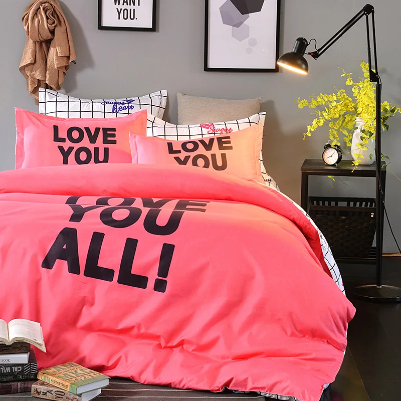 

Rose Red +Black Letter Pattern Polyester Home Textiles Bedclothes Bedding Set Bed Linen+Duvet Cover+Pillowcase Housse De Couette