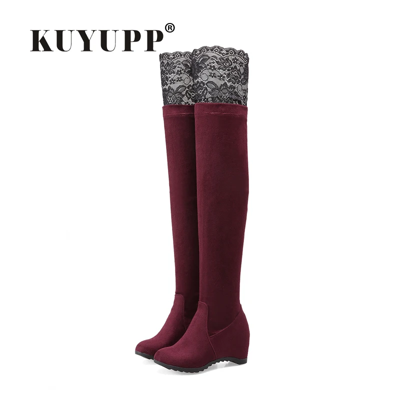 

Fashion Boots Women Height Increasing Shoes Over The Knee Boots 2016 KUYUPP Lace Patchwork Suede Boots Ladies Botas Mujer DX131
