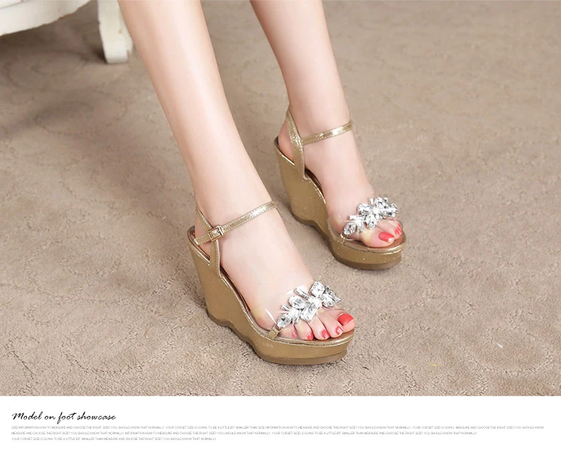 28_2016 New Gold Platform Wedges Sandals Female Summer Sandal Silver Heels Rhinestone Buckle Transparent Casual Shoes For Woman