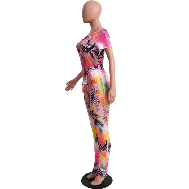Adogirl Tie Tye Snakeskin Print Bandage Jumpsuit Women Sexy V Neck Short Sleeve Slim Romper Night Club Party Overalls Bodysuits Adogirl Tie Tye Snakeskin Print Bandage Jumpsuit Women Sexy V Neck Short Sleeve Slim Romper Night Club Party Overalls Bodysuits