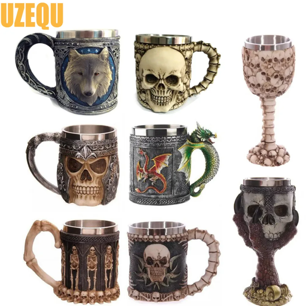 UzeQu 3D Skull Mugs Double Wall Stainless Steel Coffee Cups Skull Knight Tankard Dragon Pirate Drinking