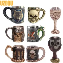 UzeQu 3D Schädel Becher Doppelwand Aus Edelstahl Kaffeetassen Schädel Ritter Krug Dragon Pirate Trinken Goblet Canecas Copo