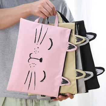 

Cute Cat Mustache Zipper Canvas A4 File Bag Student Office Stationery Cartoon Test Paper Storage Bag Tablet Tote Bag The Office