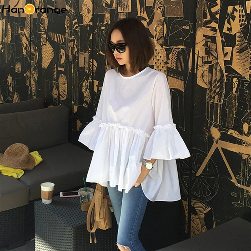 

HanOrange Temperament Doll OL 2018 Early Autumn Chic Three Quarter Flare Sleeve Chiffon Shirt Loose Shirt White